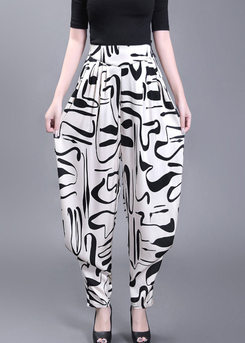 White Pockets Print High Waist Chiffon Pants Summer