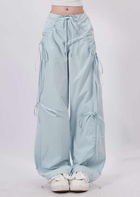 Light Blue Tie Waist Bow Cotton Pants Spring
