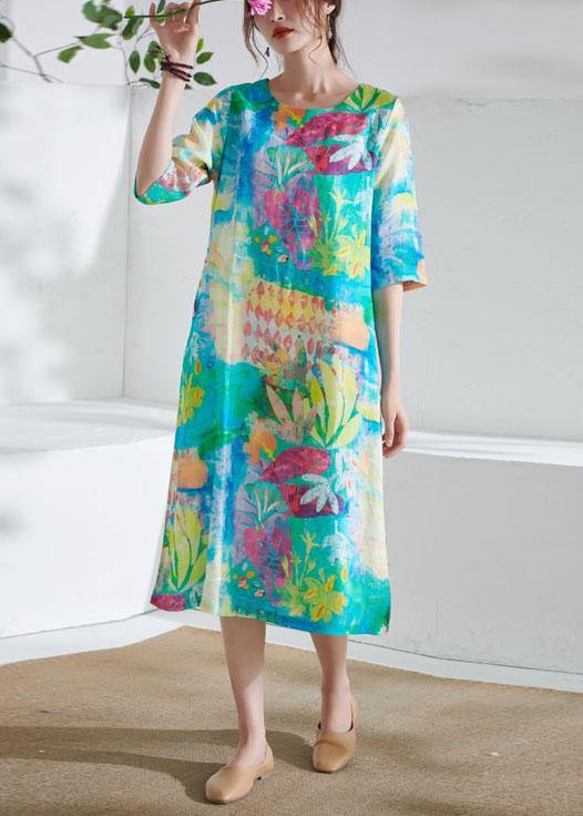 Comfy Blue O-neck Patchwork Print Summer Ramie Party Dress