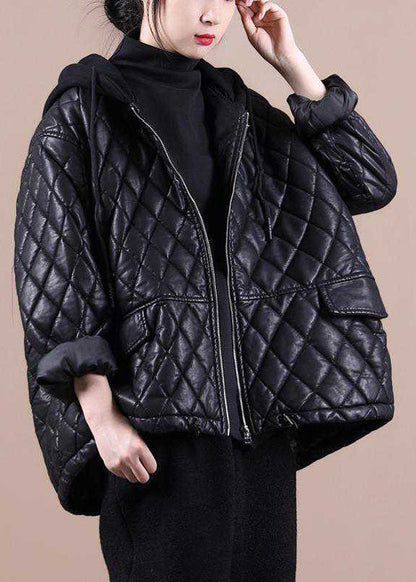 Black Hooded Zippered Patchwork Winter Winter Coats Long Sleeve