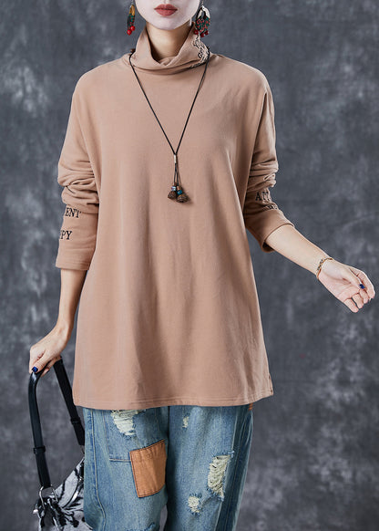 Khaki Turtle Neck Letter Embroideried Velour Tops Fall