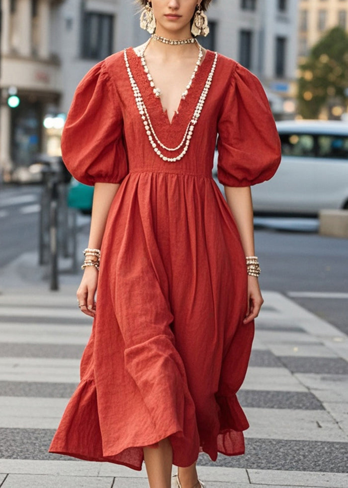 Diy Red Nail Bead Cotton Vacation Dresses Puff Sleeve