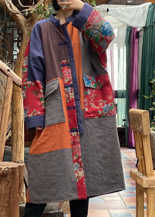 Colorblock Pockets Patchwork Fine Cotton Filled Coat Winter