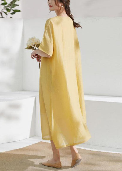 Italian Yellow Pockets Patchwork Summer Ramie Dress Half Sleeve