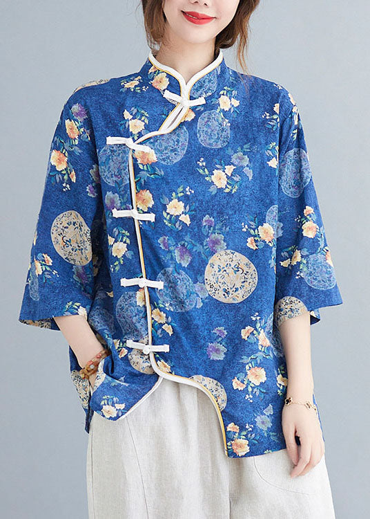 Blue Stand Collar Button Print Asymmetrical Design Fall Blouses Half Sleeve