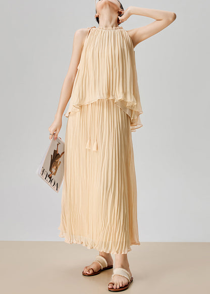 Apricot Wrinkled Tops and Skirts Chiffon Two Pieces Set Sleeveless
