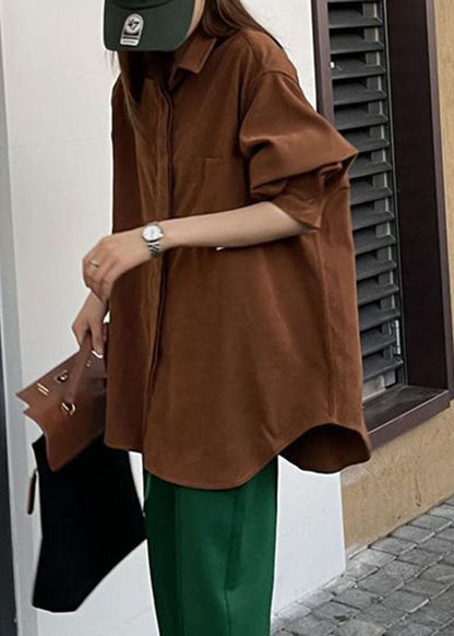 Brown Peter Pan Collar Button Shirt Fall