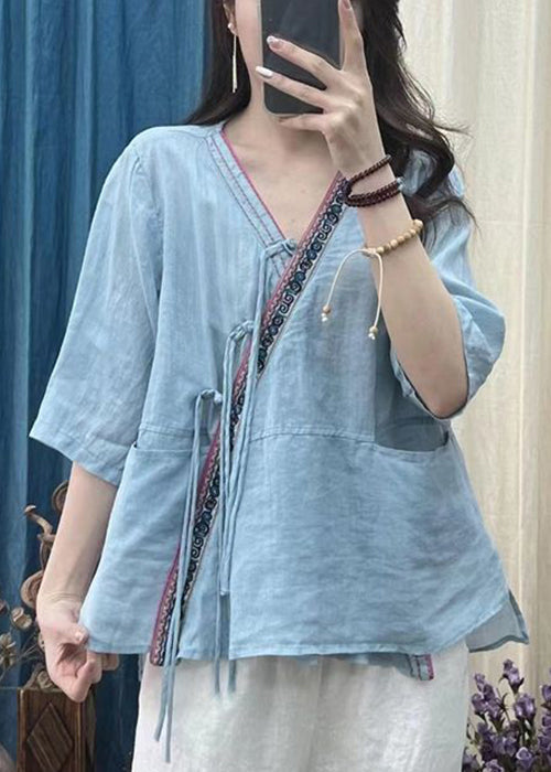 Rose V Neck Chinese Button Cotton Shirt Half Sleeve