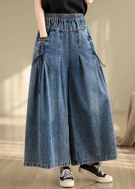 Denim Blue Cross Strap Wide Leg Pants Wrinkled Fall