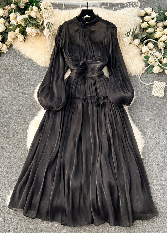 Black Wrinkled Patchwork Silk Cotton Dress Long Sleeve