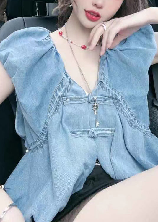 Blue V Neck Button Denim Tops Sleeveless