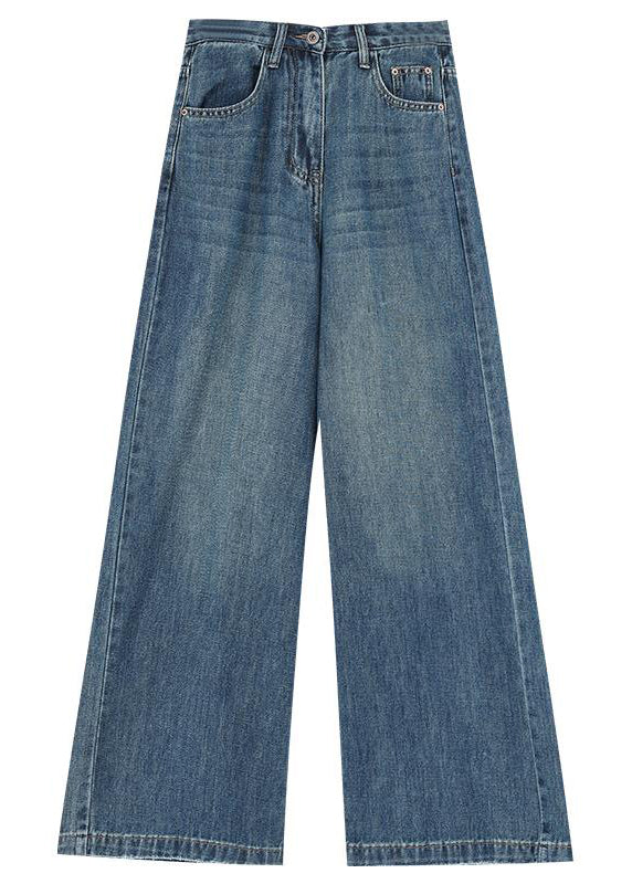 Blue Pockets High Waist Denim Wide Leg Pants Spring
