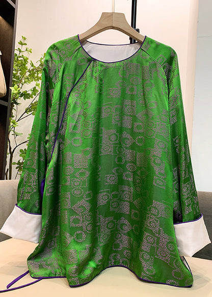Green O-neck Tie Waist Patchwork Jacquard Silk Shirts Long Sleeve