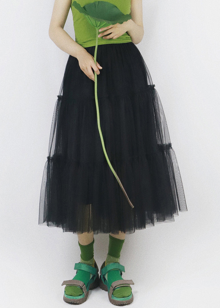 Black Elastic Waist Patchwork Tulle Skirt Ruffled