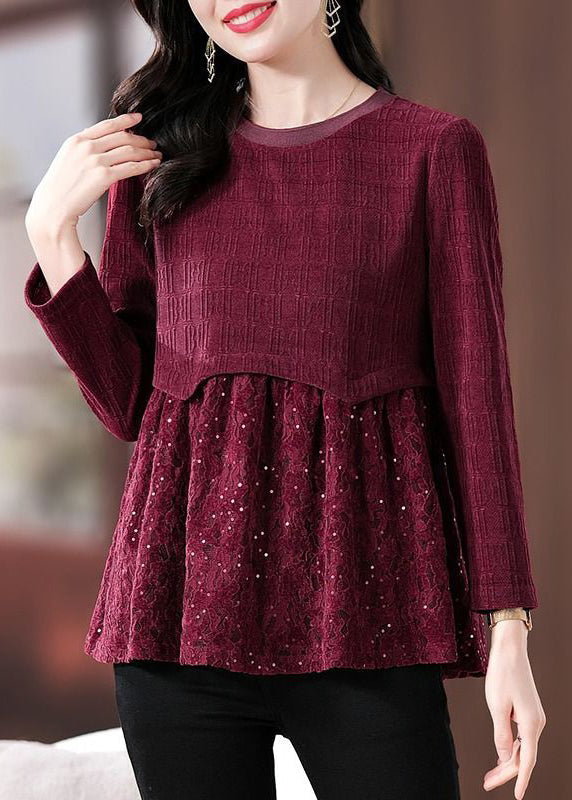 Wine Red Lace Patchwork Knit Top Long Sleeve