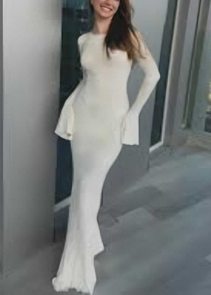White O Neck Backless Lace Up Silk Dress Flare Sleeve