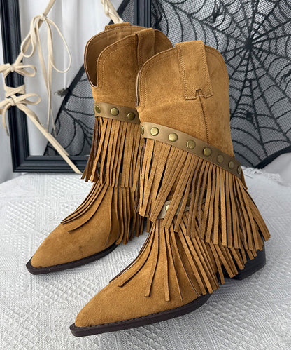 Khaki Suede Tassel Splicing Boots Pointed Toe