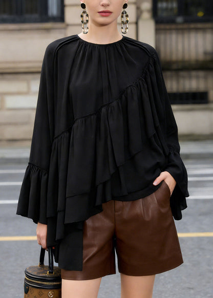 Loose Black Ruffled Asymmetrical Patchwork Chiffon Top Spring