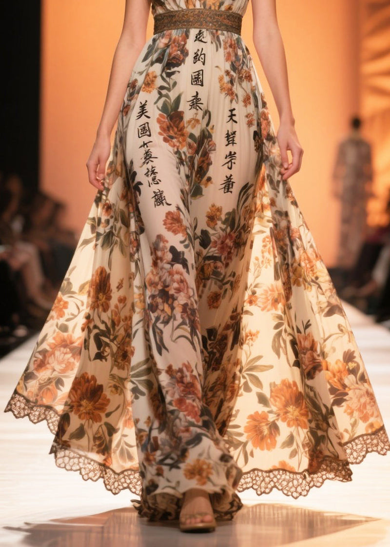 Brown Print Draping Chiffon Vestidos Dresses Summer