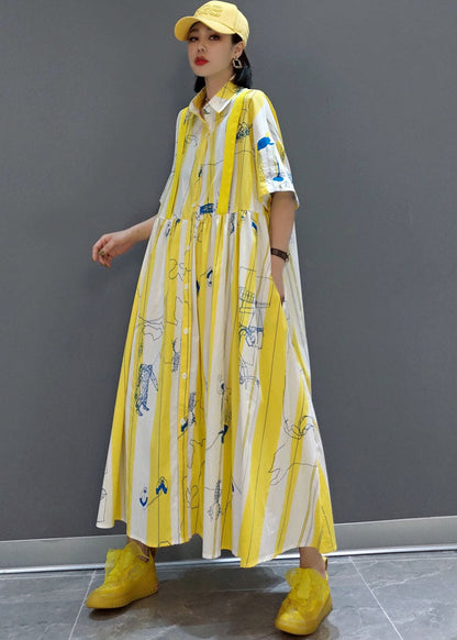 Yellow Cinched Striped Print Shirt Long Dresses Spring