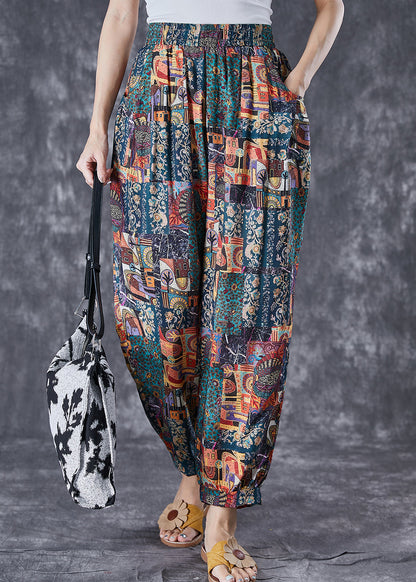 Elastic Waist Print Pockets Cotton Pants Summer