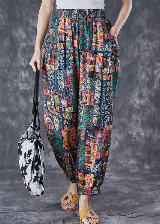 Elastic Waist Print Pockets Cotton Pants Summer
