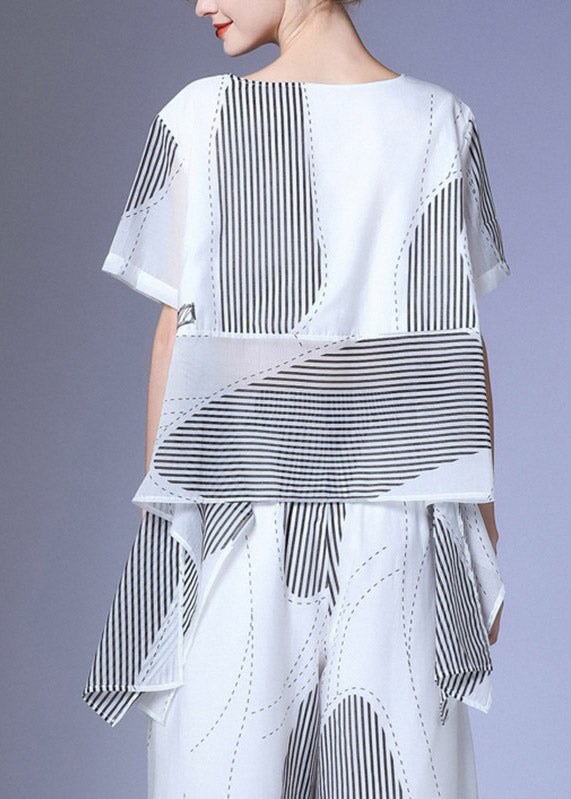 White O-neck Asymmetrical Silk T Shirt Summer