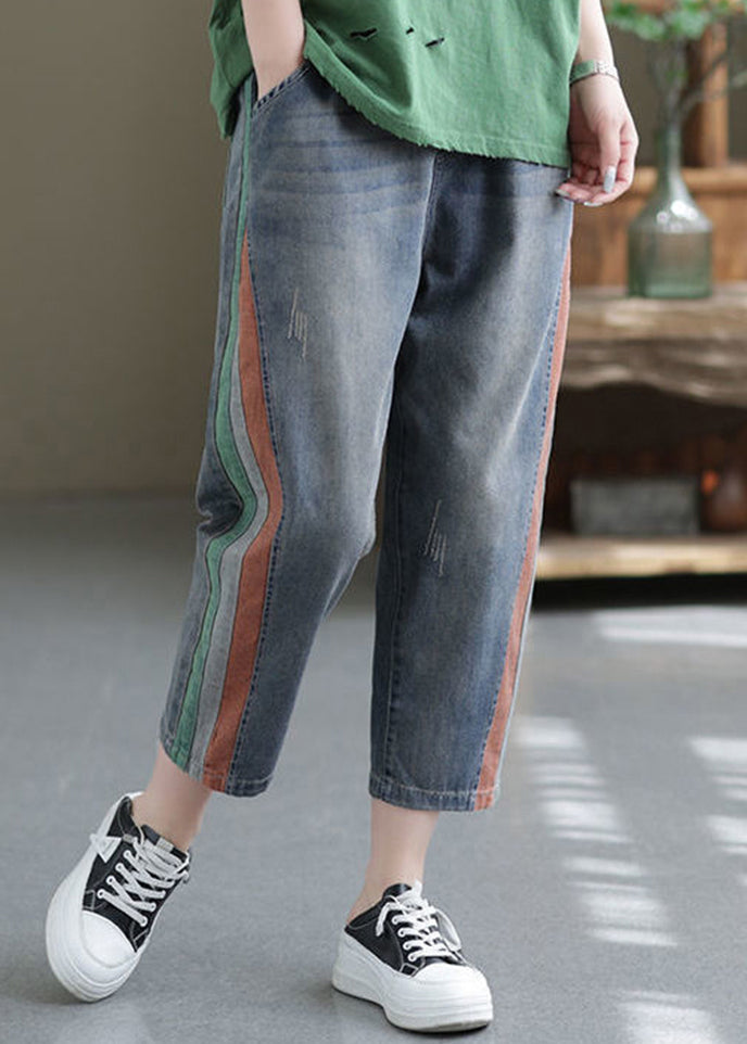 Blue Pockets Elastic Waist Denim Crop Pants Summer