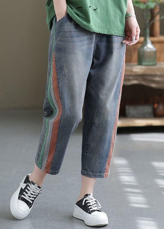Blue Pockets Elastic Waist Denim Crop Pants Summer