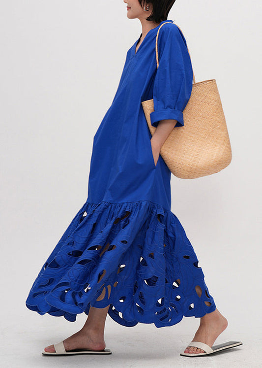 Art Blue Embroidered Hollow Out Cotton Maxi Dress Half Sleeve Fall