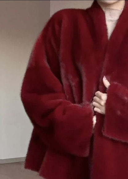 Red Warm Leather and Fur Coats V Neck Winter
