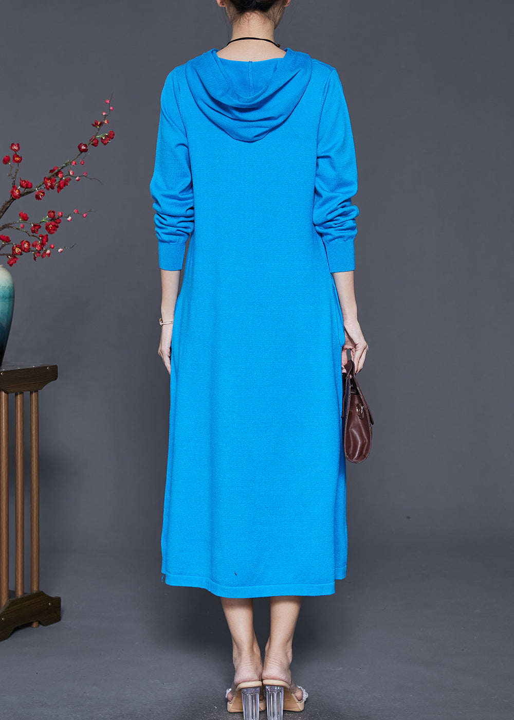 Blue Hooded Silm Fit Knit Long Dress Spring