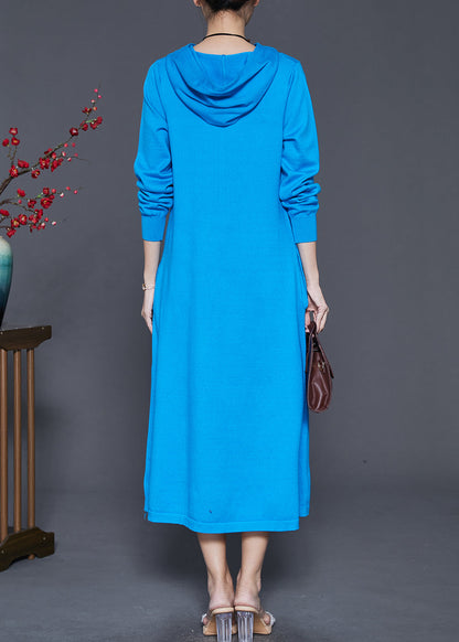 Blue Hooded Silm Fit Knit Long Dress Spring