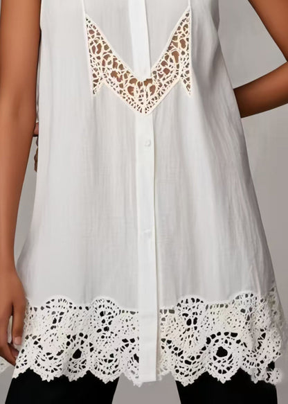 White Hollow Out Patchwork Lace Shirts Sleeveless