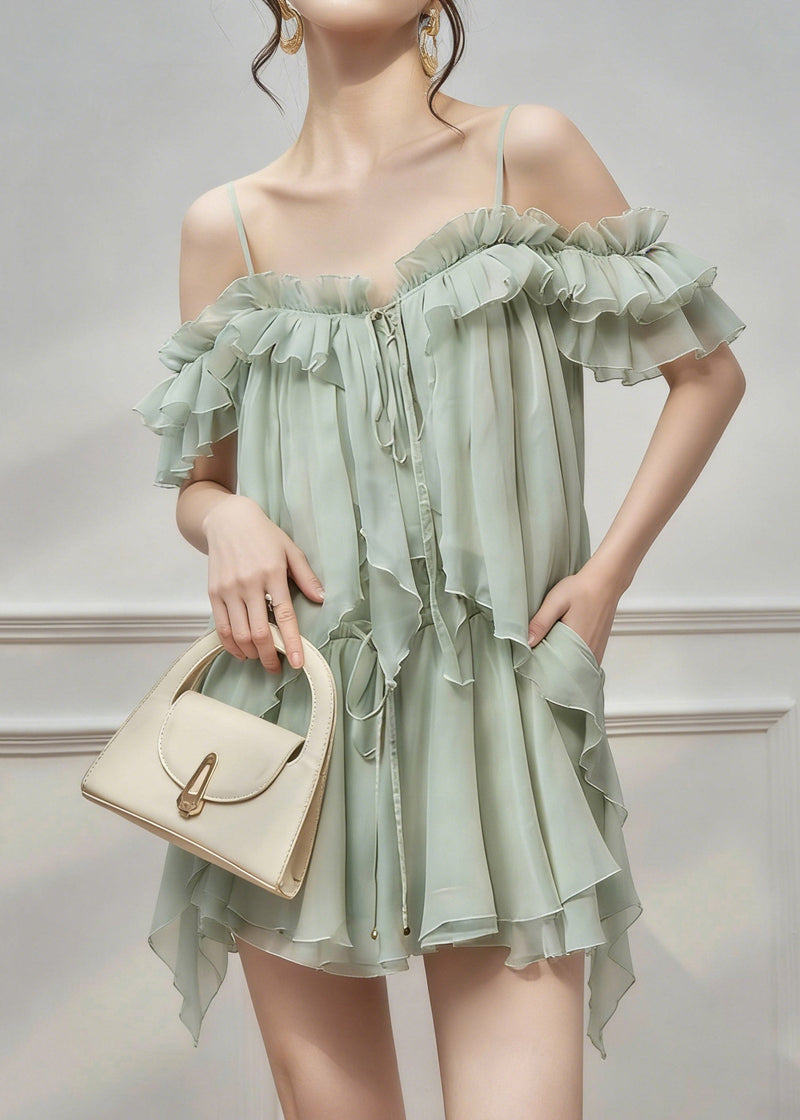 Natural Green Cold Shoulder Asymmetrical Chiffon Top and Skirts Two Pieces Set Sleeveless