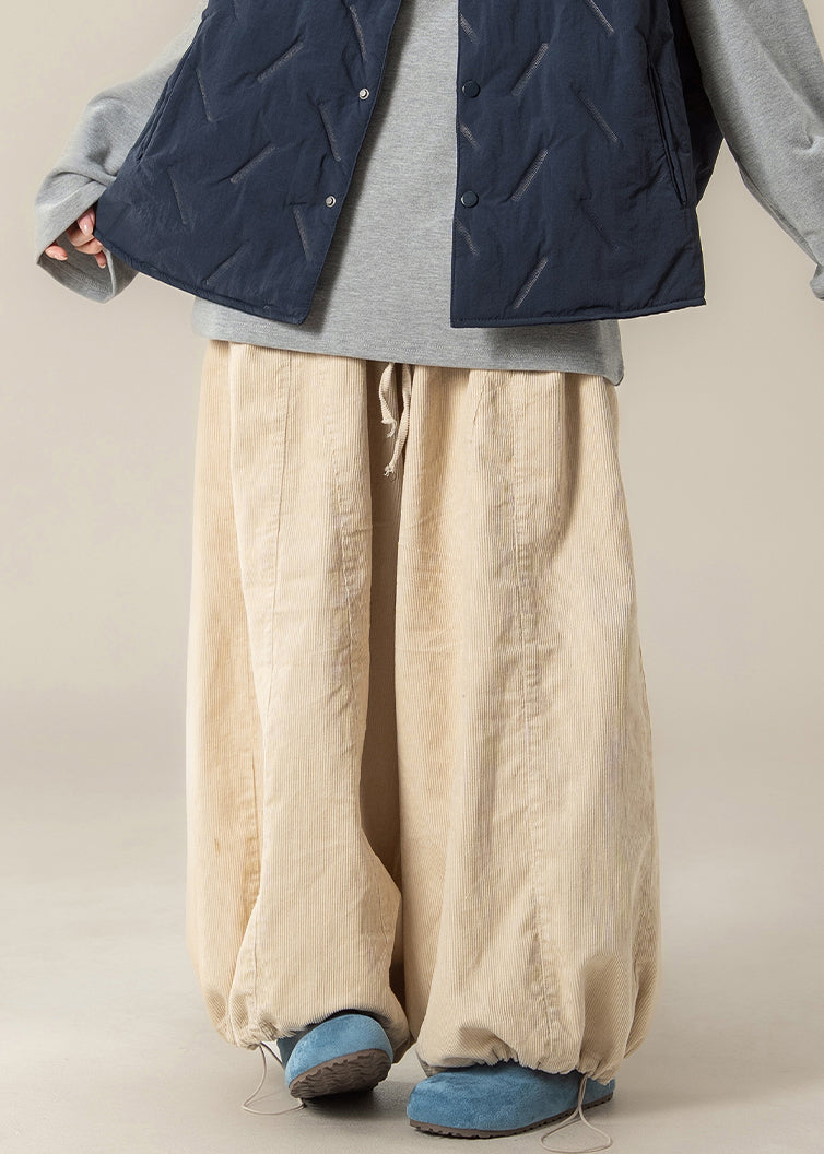 Apricot Drawstring High Waist Cotton Beam Pants Fall