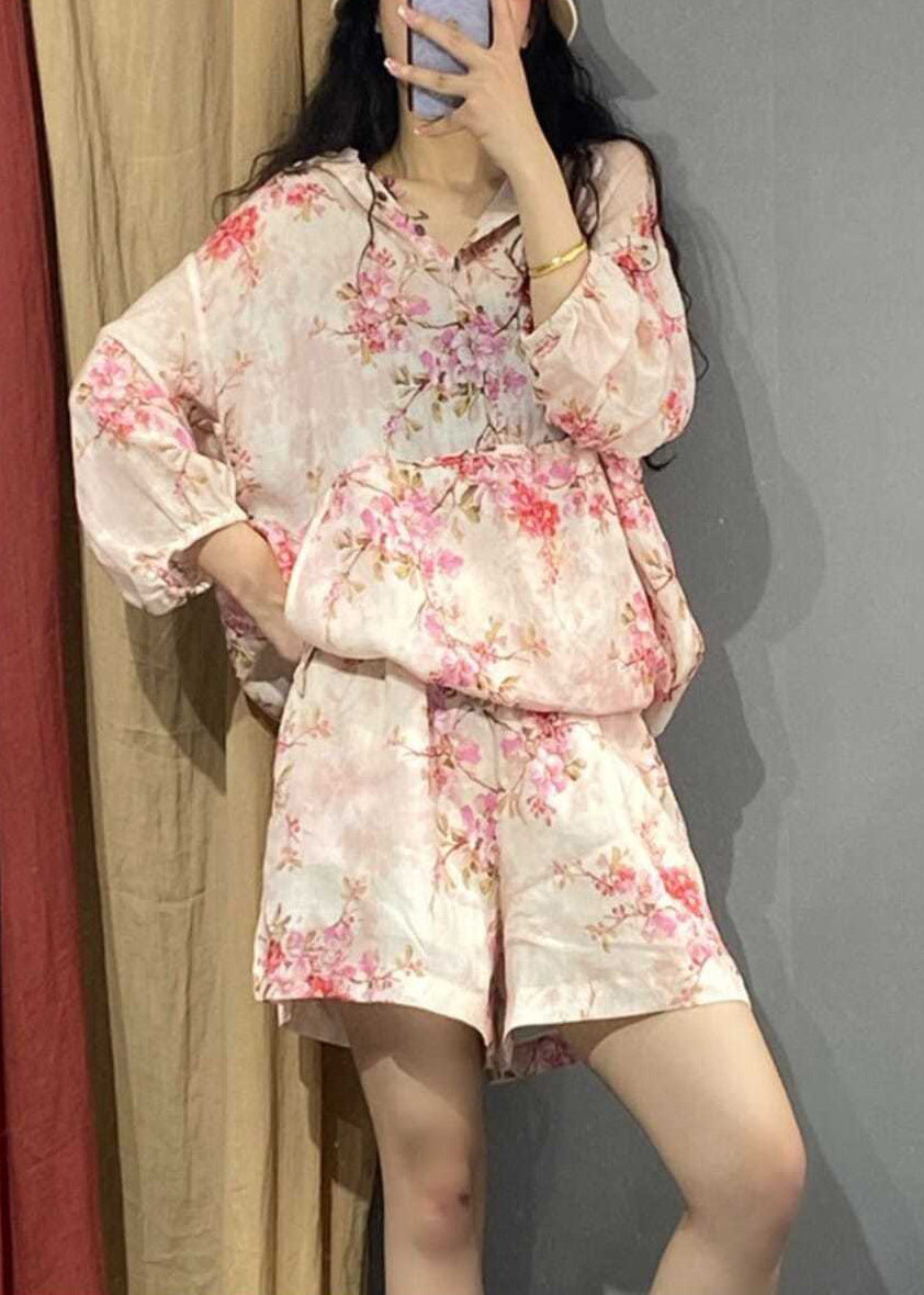 Pink Print Hooded Shirts and Shorts Two Piece Set Long Sleeve