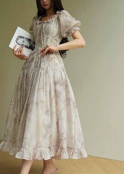 O-neck Ruffled Print Tunic Chiffon Long Dress Summer