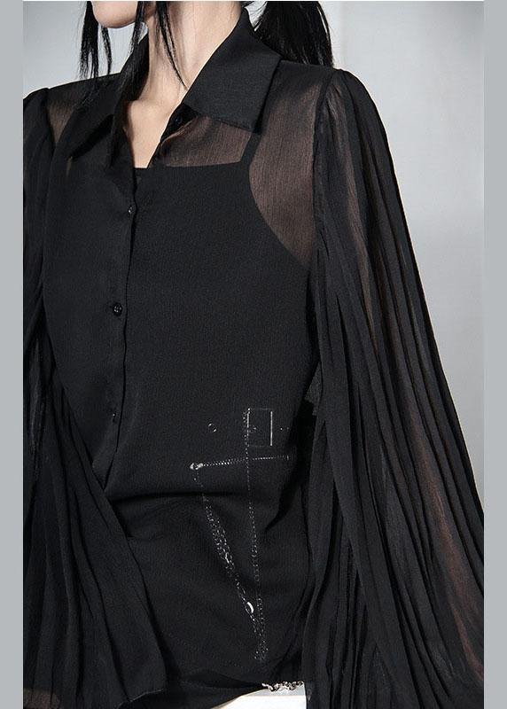 Fitted Black Peter Pan Collar Flare Sleeve Summer Shirt Top