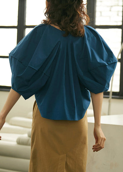 Blue O Neck Cotton Shirts Lantern Sleeve