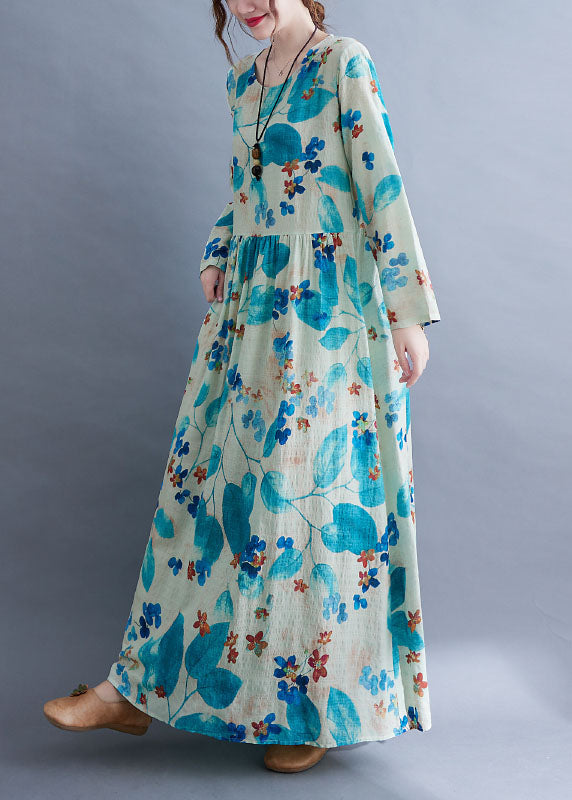 Unique Blue Baggy O-neck Wrinkled Print Long Dress Long Sleeve