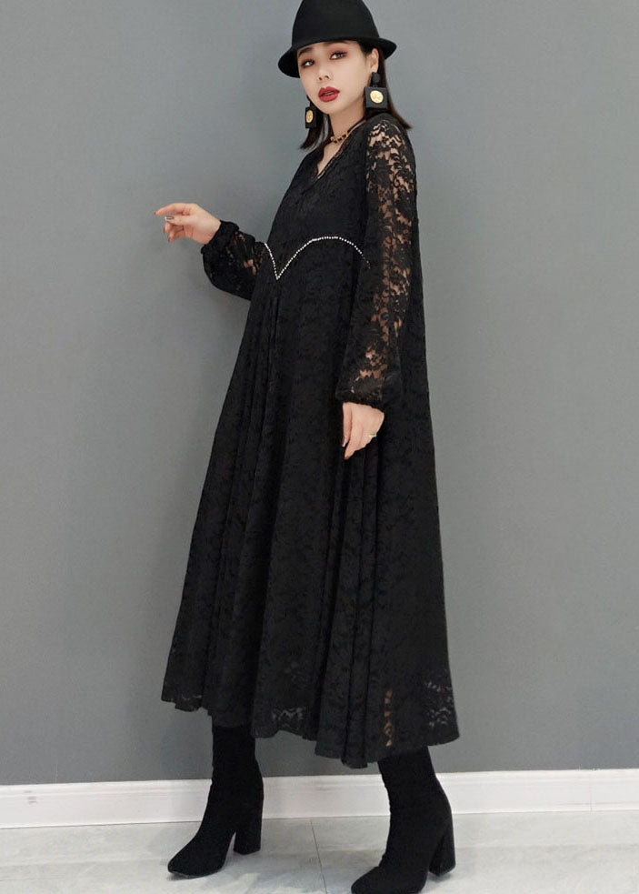 Black V Neck Hollow Out Lace Dresses Spring
