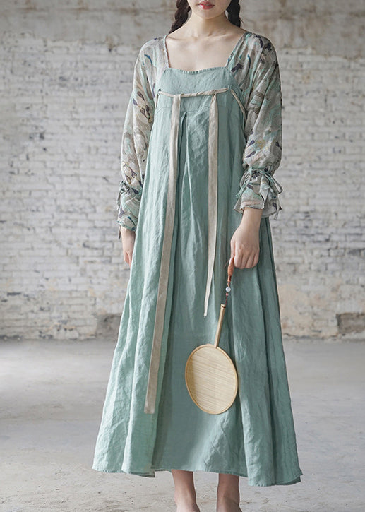 Light Blue Lace Up Print Patchwork Linen Long Dresses Long Sleeve