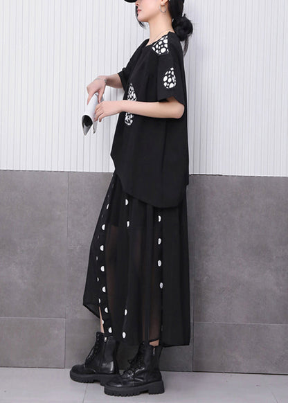 Novelty Black Print T Shirts and Tulle Maxi Skirts Two Pieces Set Summer