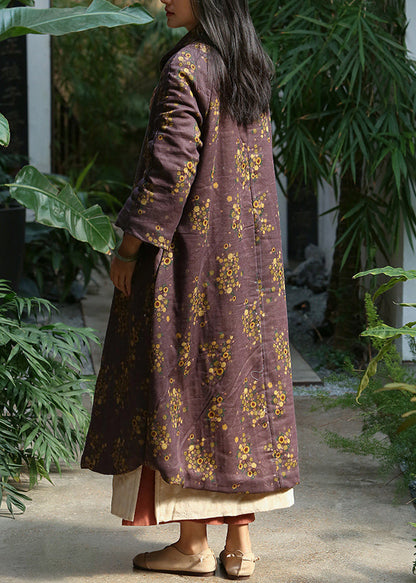 Loose Purple Print Button Pockets Warm Fleece Long Coat Winter