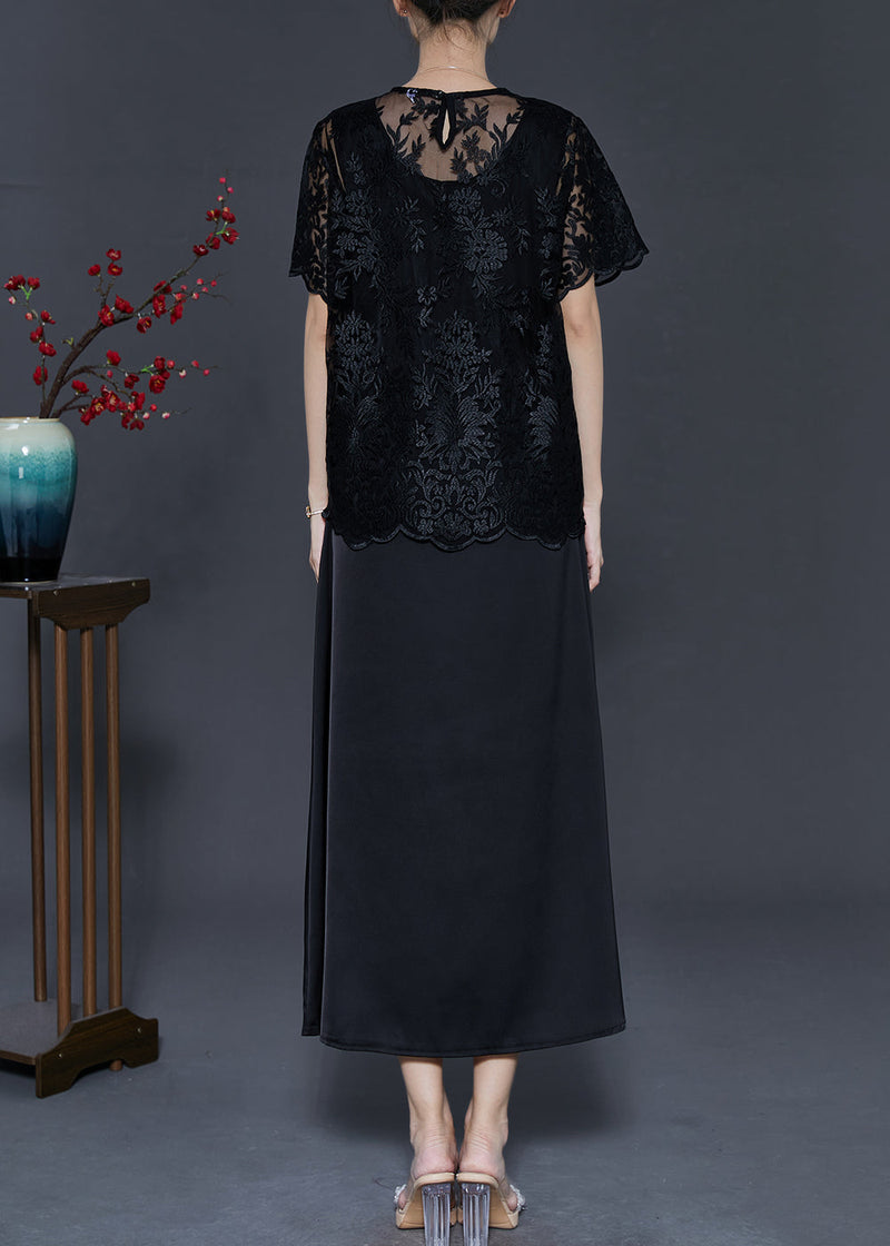 Black Silk Party Dress Sets 2 Pieces Embroidered Summer