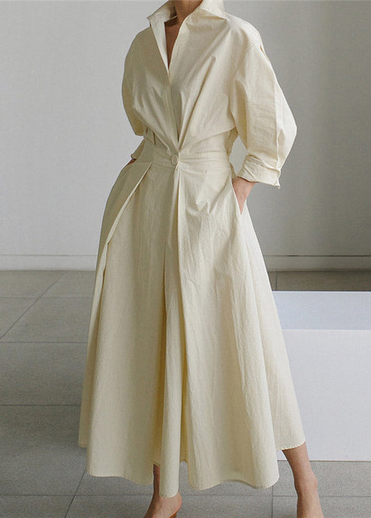Beige Peter Pan Collar Pockets Cotton Dress Long Sleeve