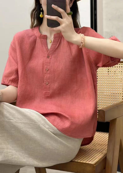 Fine Blue V Neck Button Linen Top Summer