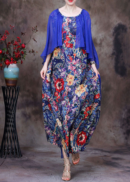 Simple Blue O-neck Patchwork Print Silk Vacation Dresses Cloak Sleeves