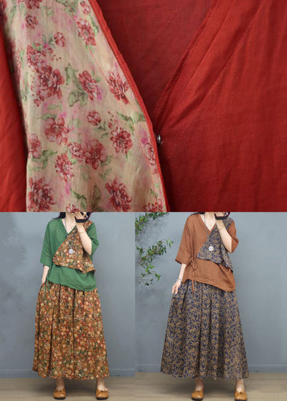 Green Lace Up Patchwork Cotton Two Piece Set V Neck Half Sleeve